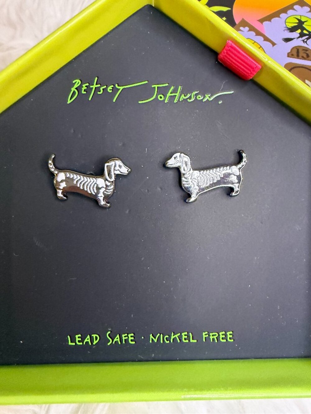 Betsey Johnson Skeleton Dachshund Dog Stud Earrings Halloween NWT